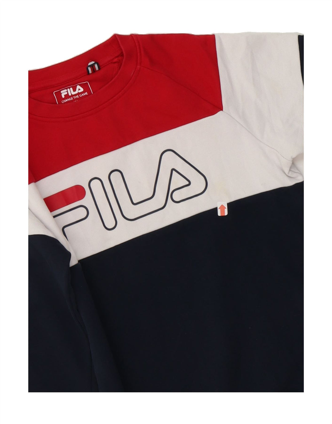 FILA Boys Graphic Sweatshirt Jumper 11-12 Years Navy Blue Colourblock Vintage Fila and Second-Hand Fila from Messina Hembry 