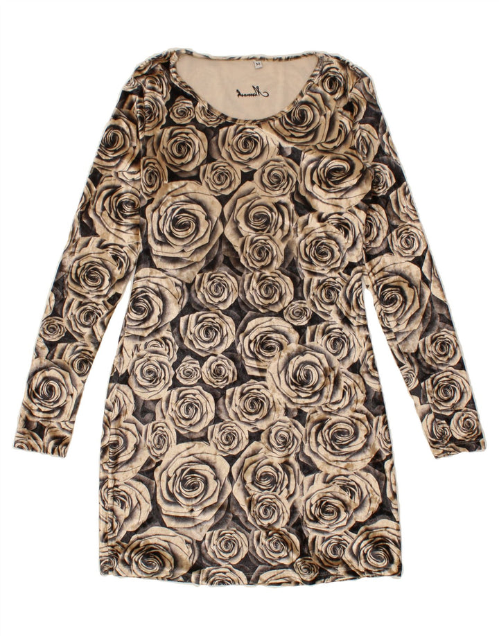 VINTAGE Womens Long Sleeve Basic Dress UK 12 Medium Brown Floral Vintage Vintage and Second-Hand Vintage from Messina Hembry 