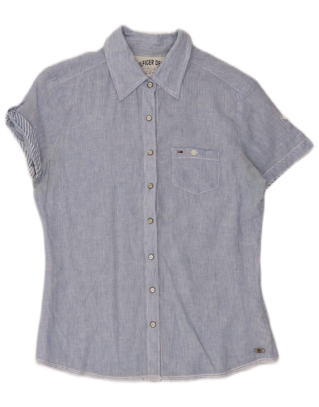 TOMMY HILFIGER Camicia a maniche corte da donna Camicetta UK 6 XS Lino a righe blu