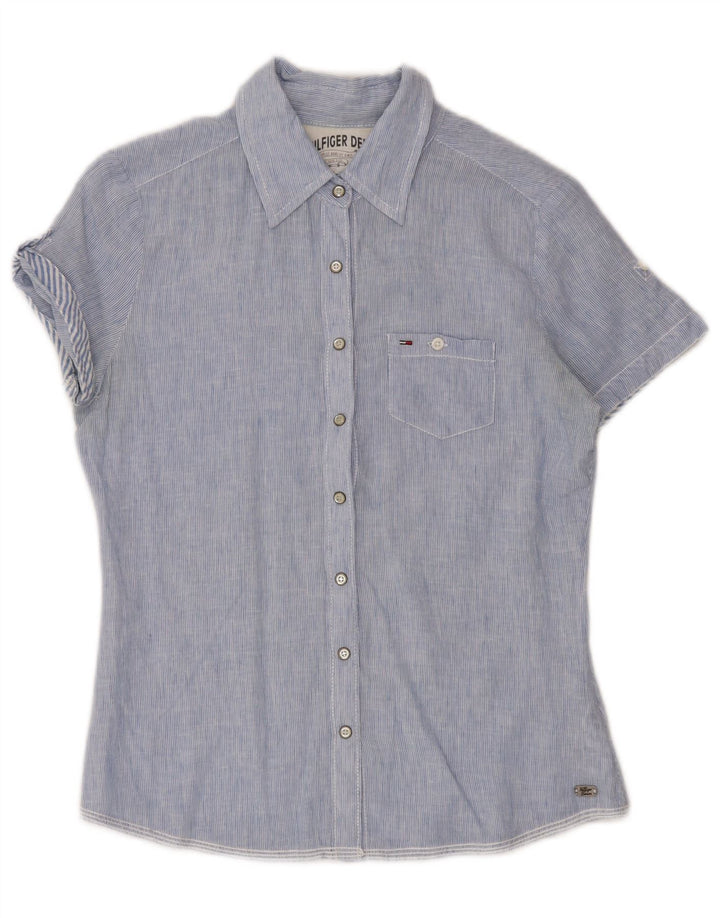 TOMMY HILFIGER Camicia a maniche corte da donna Camicetta UK 6 XS Lino a righe blu