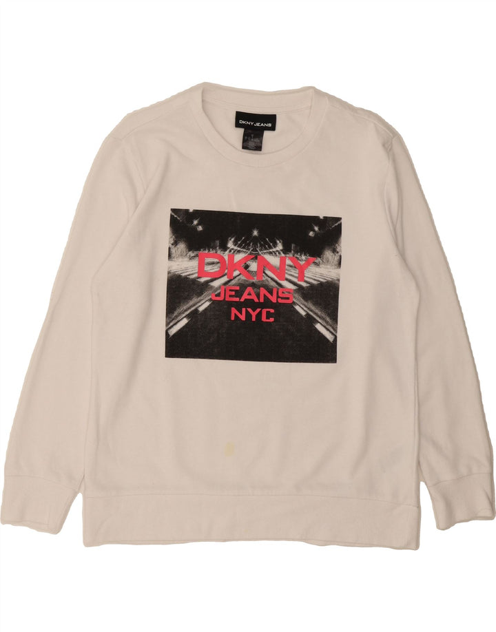 DKNY Womens Graphic Sweatshirt Jumper UK 14 Medium White Cotton Vintage Dkny and Second-Hand Dkny from Messina Hembry 