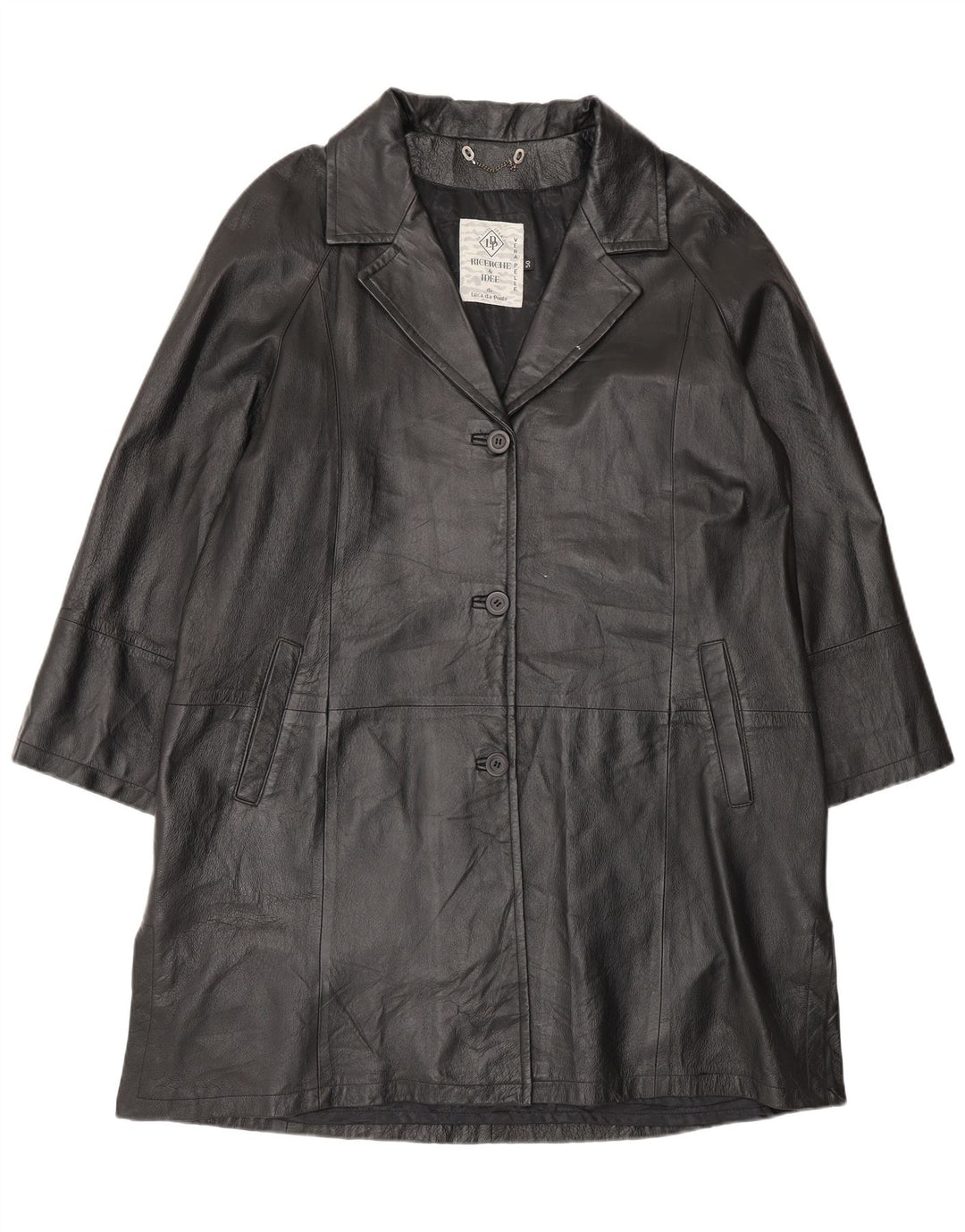 Cappotto oversize in pelle vintage da donna IT 50 XL in pelle nera