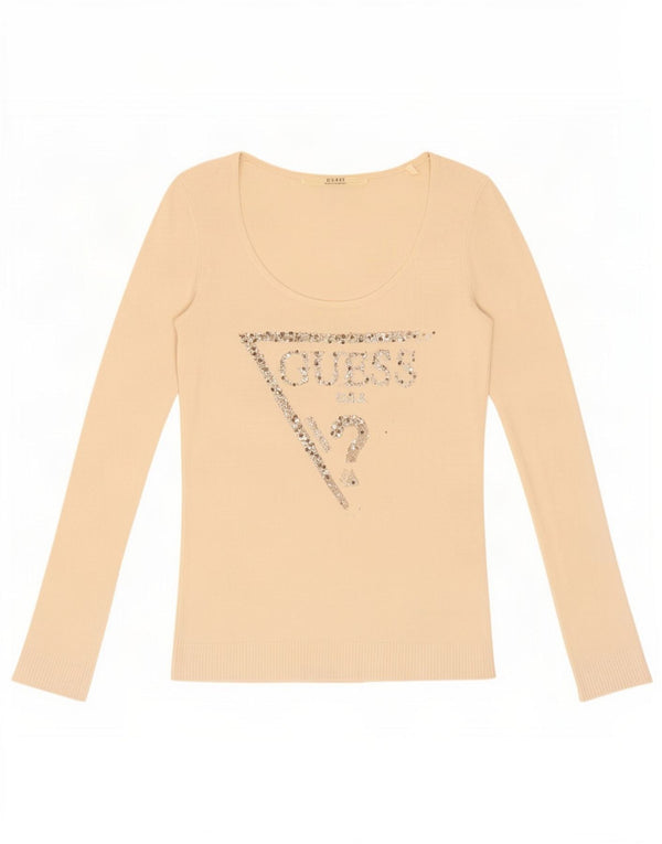 Guess Top grafico da donna a maniche lunghe UK 8 Small Beige Viscosa