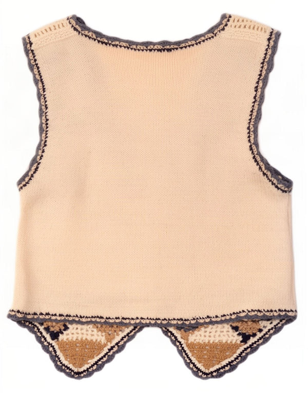Gilet vintage da donna all'uncinetto UK 10 piccolo ramie geometrico bianco sporco