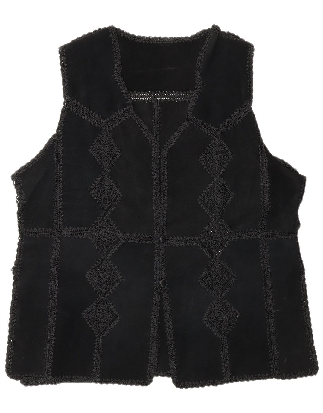 Gilet vintage da donna in pelle scamosciata UK 16 grande patchwork nero