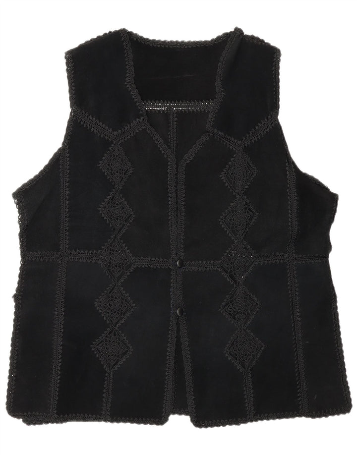 Gilet vintage da donna in pelle scamosciata UK 16 grande patchwork nero