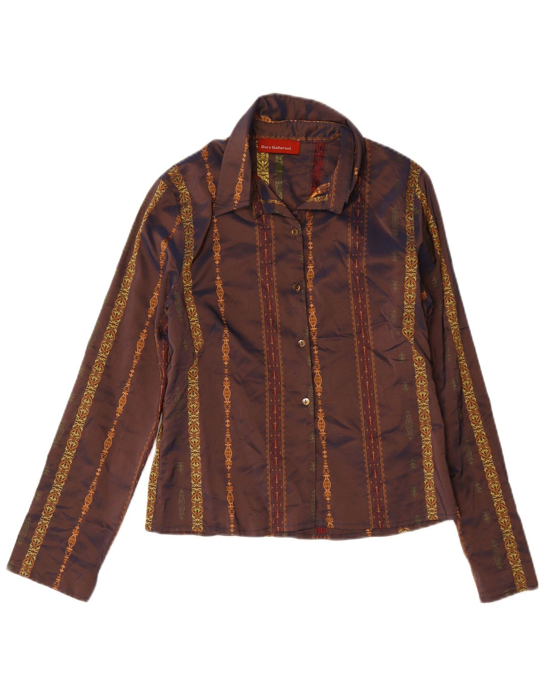 Camicetta camicia vintage da donna UK 12 Paisley marrone medio