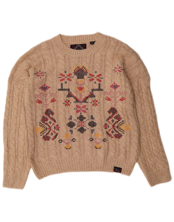 Maglione maglione girocollo da donna SUPERDRY UK 12 Beige medio Fair Isle