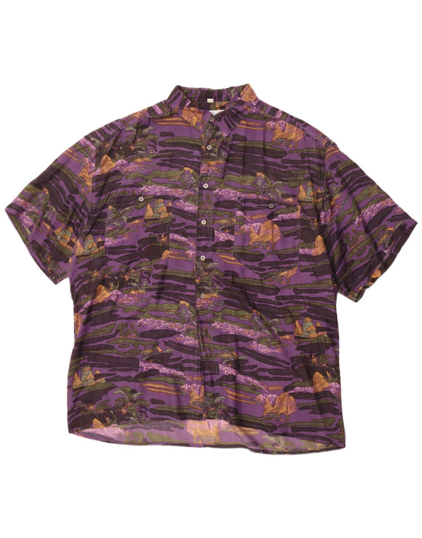 New Fast Mens Short Sleeve Abstract Pattern Shirt Size 43/44 XL Purple Silk