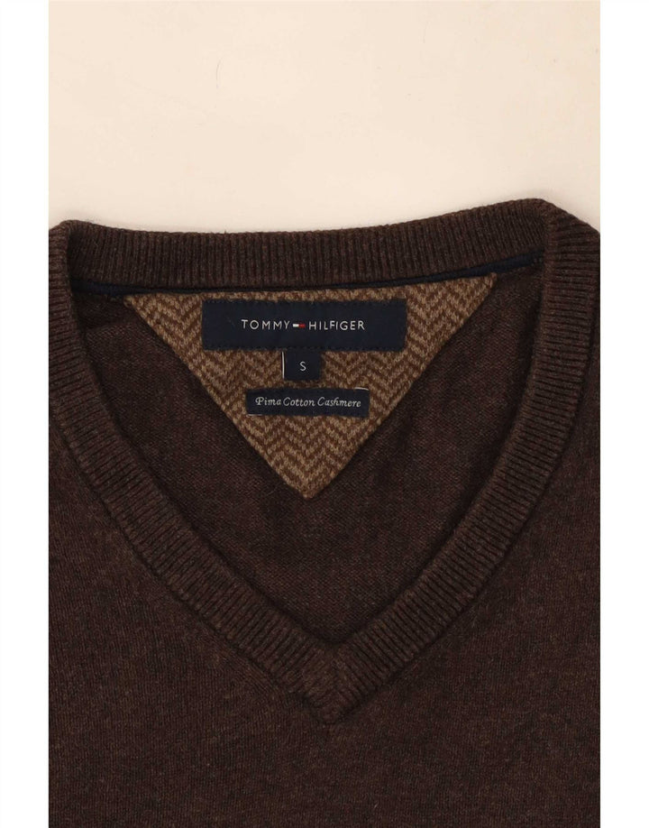 Maglione maglione con scollo a V da uomo Tommy Hilfiger piccolo in cotone marrone