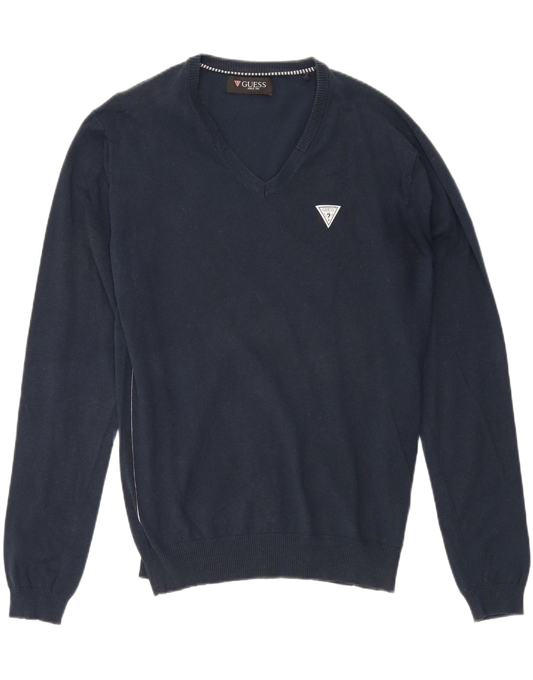 GUESS Mens V-Neck Jumper Sweater Medium Navy Blue Cotton Vintage Guess and Second-Hand Guess from Messina Hembry 