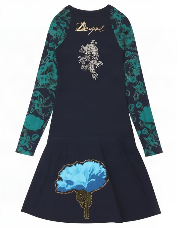 Desigual Abito da donna a maniche lunghe con grafica grafica UK 4 XS Blu navy floreale