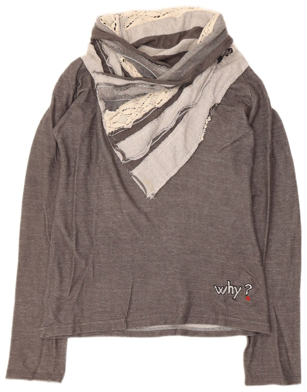 Desigual Donna Top Manica Lunga UK 14 Large Grigio Colourblock Cotone