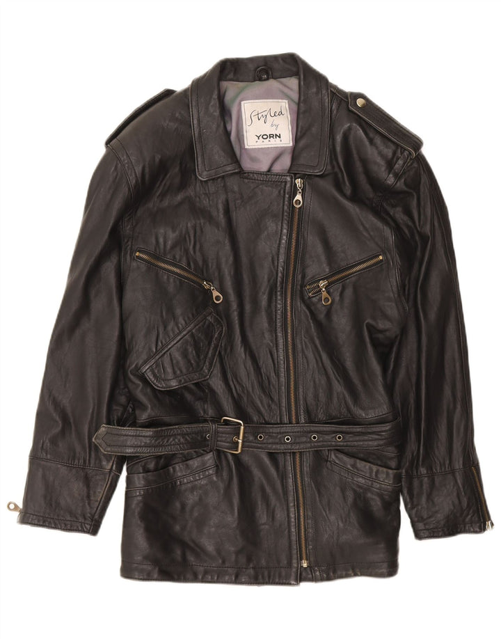 YORN Womens Leather Military Jacket EU 38 Medium Black Leather