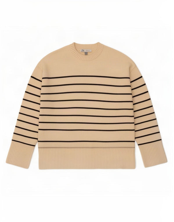 Maglione maglione girocollo da donna Zara UK 10 piccolo a righe bianco sporco