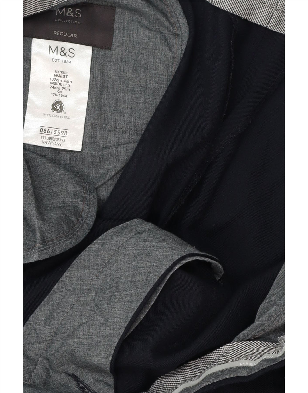 MARKS & SPENCER Pantaloni da abito vestibilità regolare da uomo W42 L29 Lana blu navy