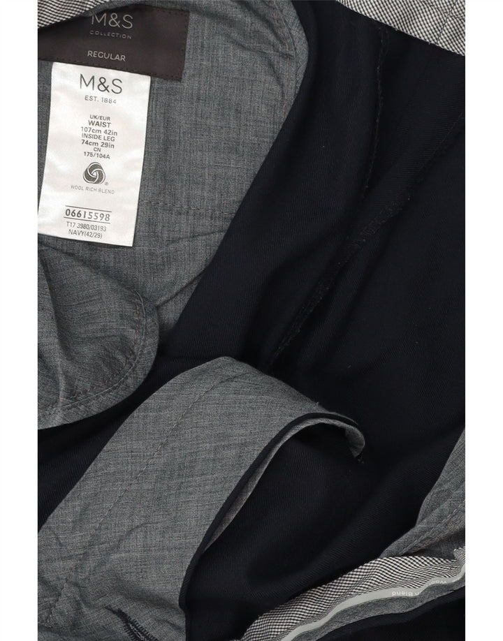 MARKS & SPENCER Pantaloni da abito vestibilità regolare da uomo W42 L29 Lana blu navy