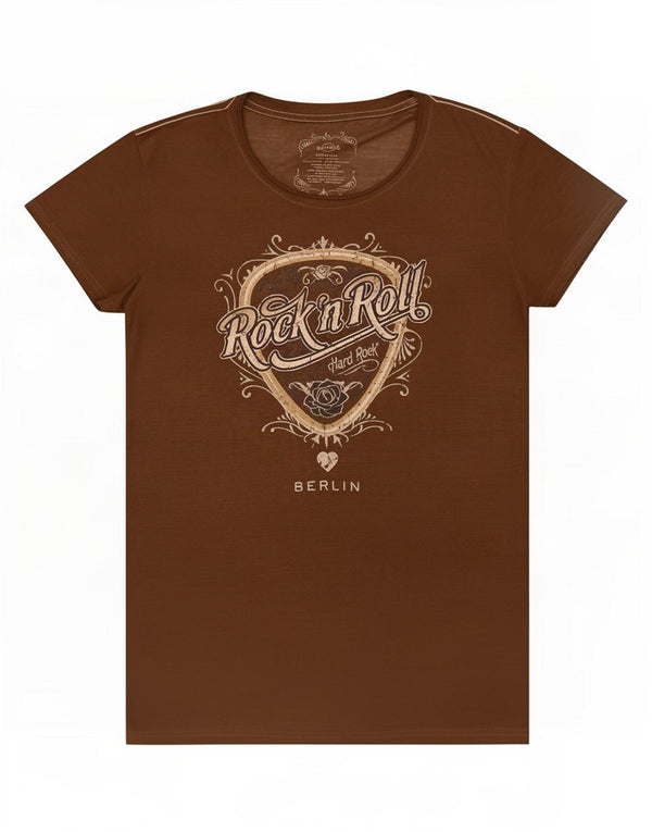 T-shirt grafica da donna Hard Rock Cafe Berlin, UK 12, cotone marrone medio