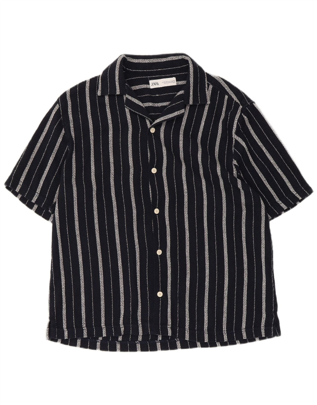 Camicia Zara da uomo a maniche corte in cotone a righe blu navy medio