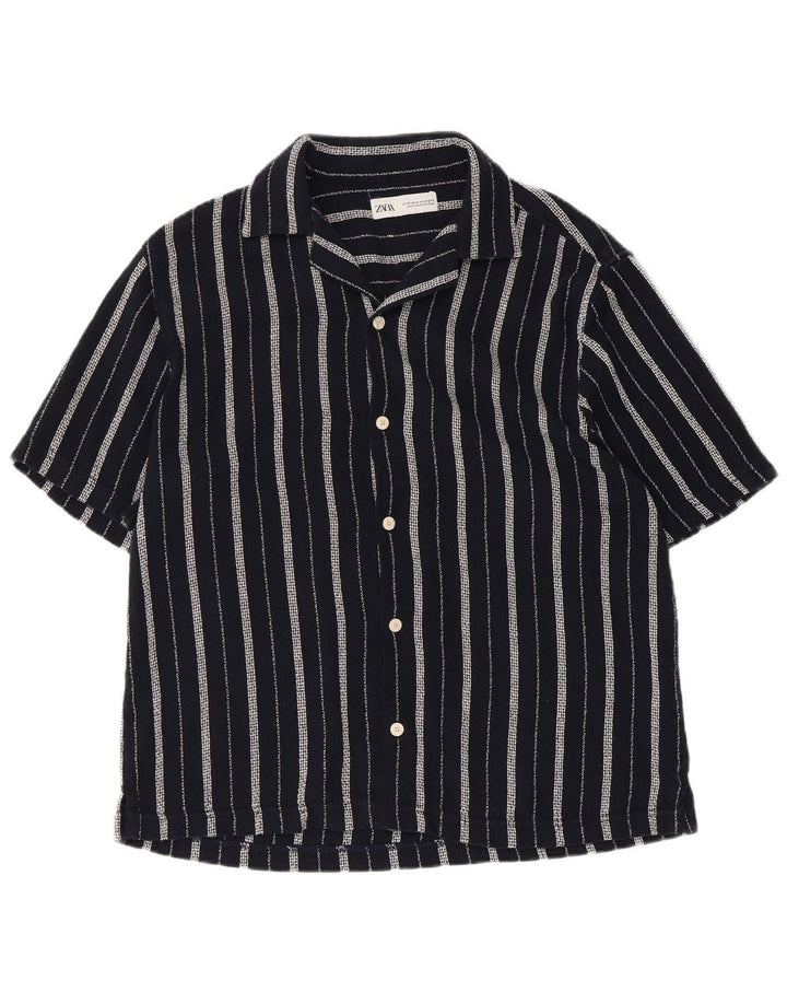 Camicia Zara da uomo a maniche corte in cotone a righe blu navy medio