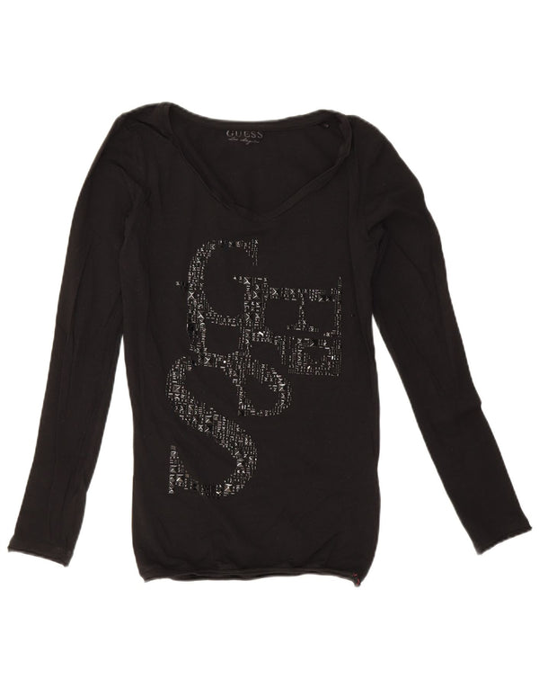 Guess Top grafico da donna a maniche lunghe UK 10 piccolo in cotone nero
