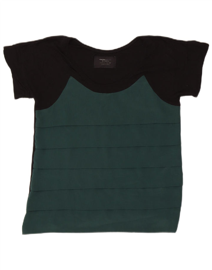 ZARA T-shirt da donna Top UK 14 Large Verde Colourblock in poliestere