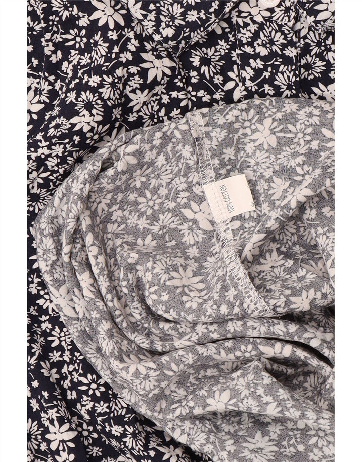 Abito maxi a maniche lunghe da donna VINTAGE UK 14 Grande cotone floreale blu navy