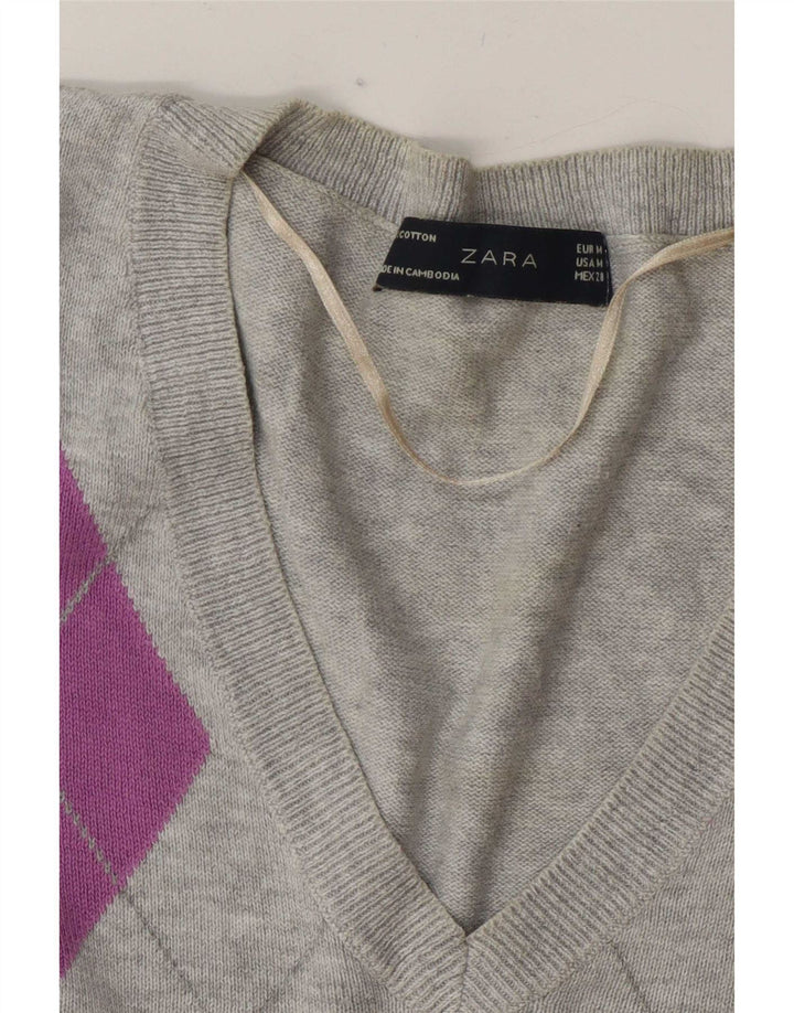 Maglione Zara da donna con scollo a V UK 12 Grigio medio Argyle/Diamante