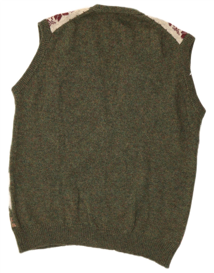 GREEN LEAVES Maglione cardigan senza maniche da uomo XL lana Fair Isle verde