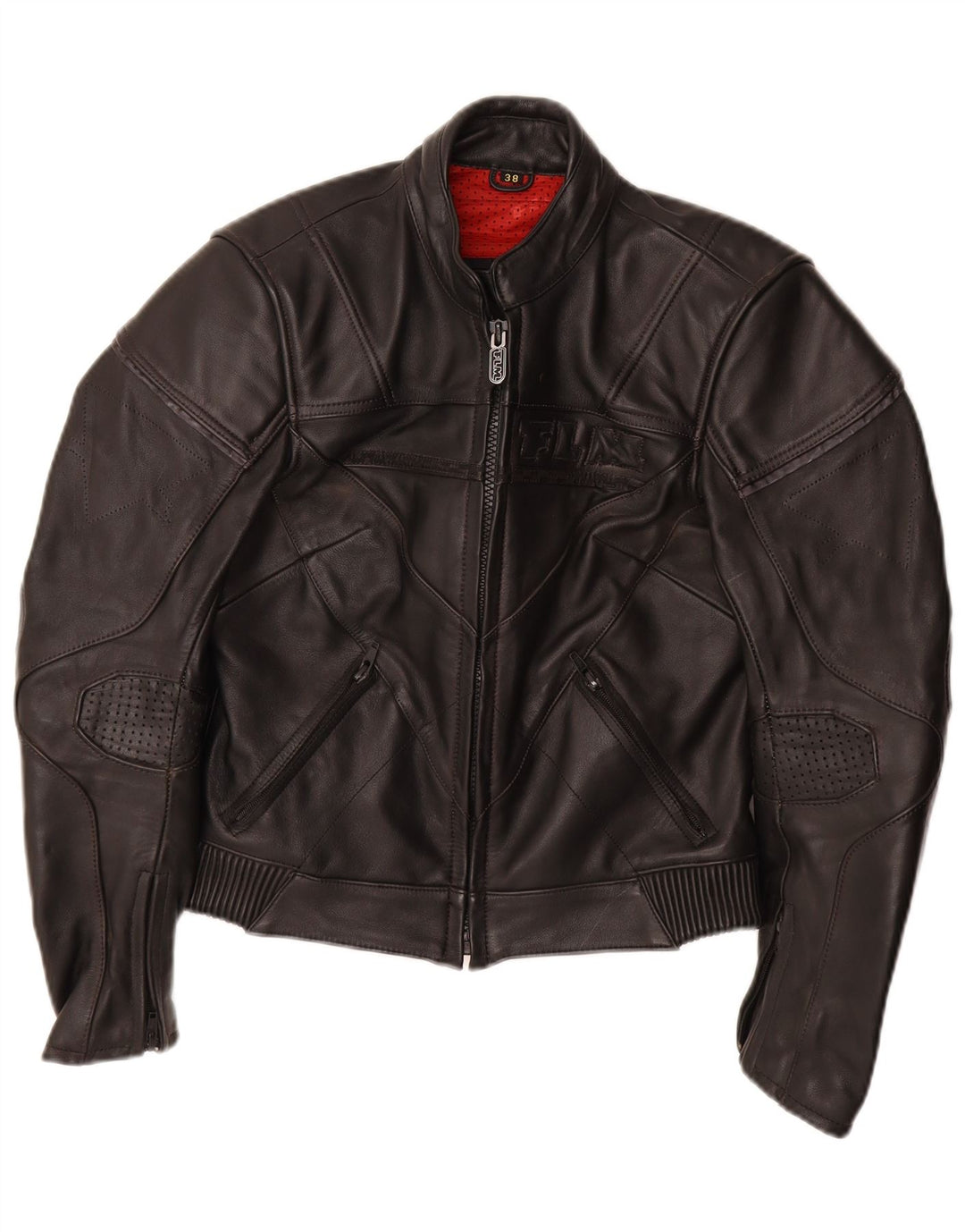 FLM Womens Graphic Leather Racer Jacket EU 38 Medium Black Leather