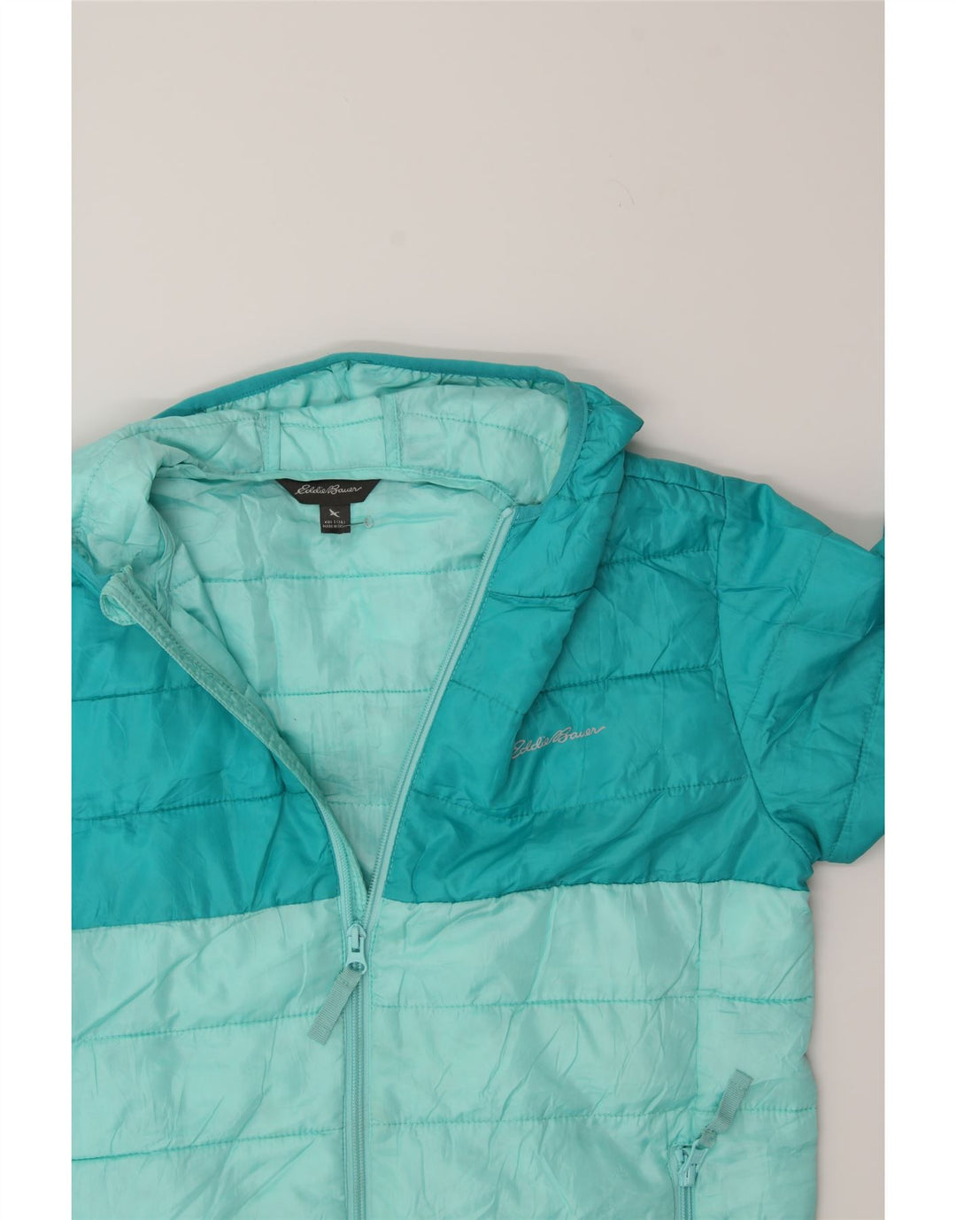 EDDIE BAUER Boys Hooded Padded Jacket 13-14 Years Large  Blue Colourblock Vintage Eddie Bauer and Second-Hand Eddie Bauer from Messina Hembry 
