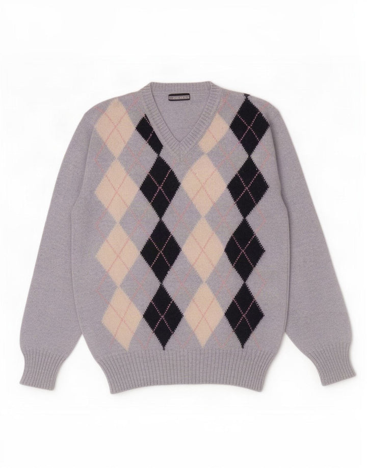 Maglione vintage da uomo con scollo a V, grande lana blu a rombi/diamante