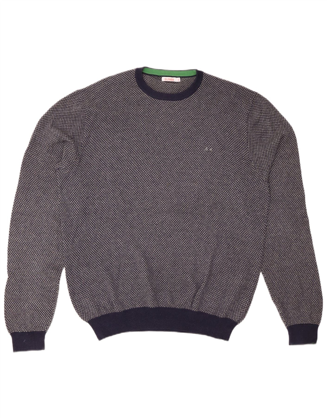 SUN68 Mens Crew Neck Jumper Sweater 2XL Navy Blue Check Wool