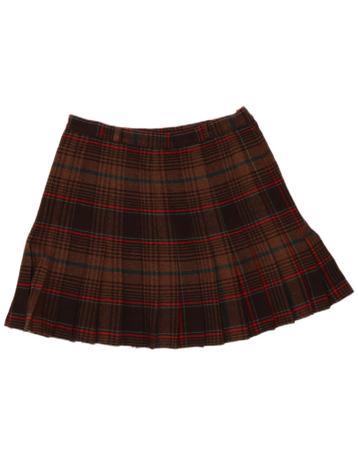 Mini gonna a pieghe vintage da donna IT 40 piccola W26 lana scozzese marrone