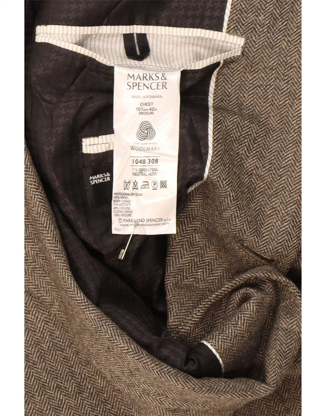 Giacca blazer a 2 bottoni Marks & Spencer da uomo UK 42 Large Beige a spina di pesce