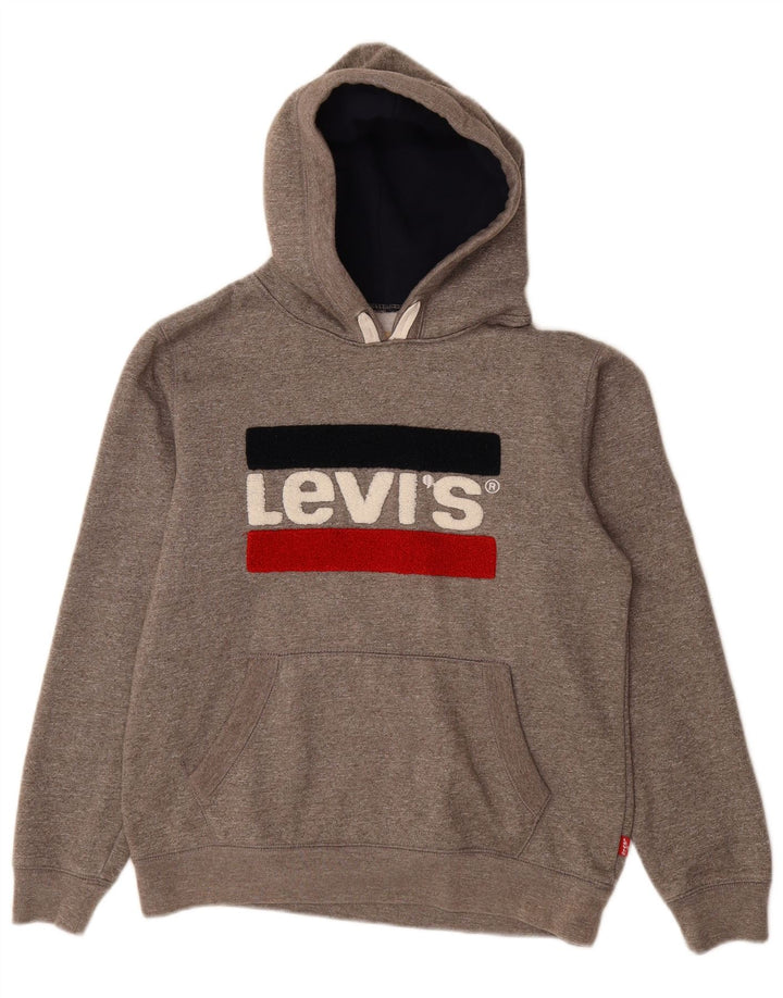 Maglione con cappuccio grafico da donna LEVI'S UK 16 grande cotone chiazzato grigio