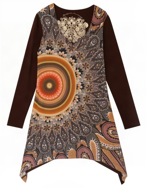 Desigual Abito tunica a maniche lunghe con grafica da donna UK 10 Piccolo marrone floreale