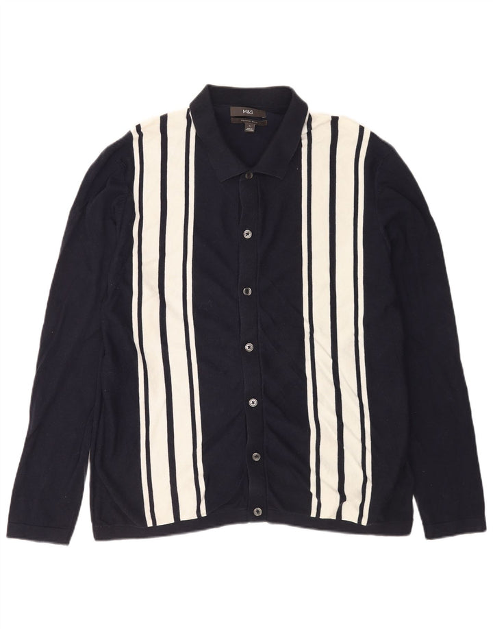 Maglione cardigan da uomo Marks & Spencer grande cotone a righe blu navy