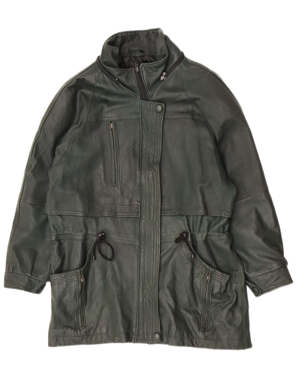 Vintage Womens Loose Fit Leather Coat UK 14 Medium Green Retro