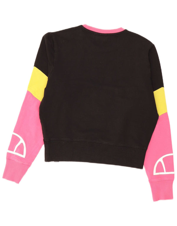 ELLESSE Felpa con grafica da donna Maglione UK 14 Medium Black Colourblock