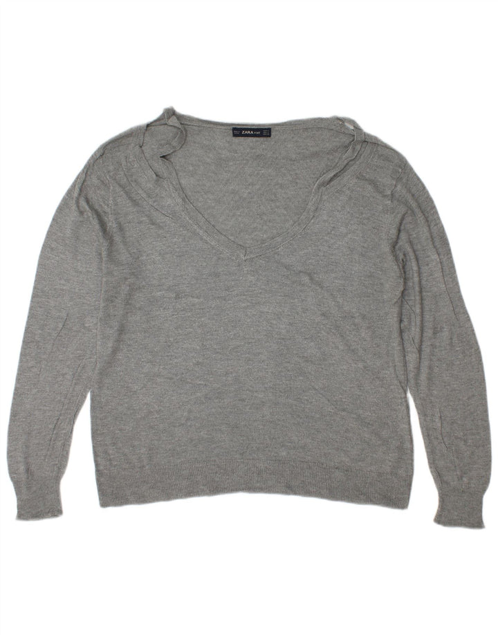 Maglione Zara da donna con scollo a V UK 16 grande viscosa grigia