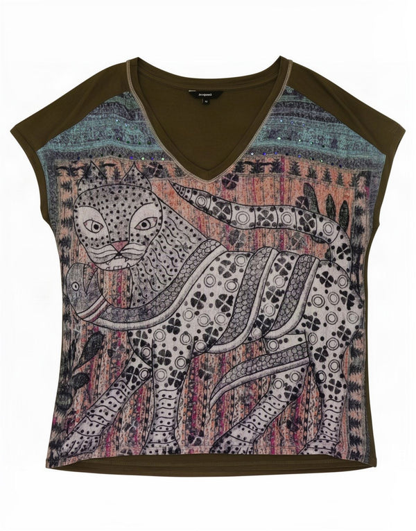 Desigual T-shirt grafica da donna Top UK 14 Medium Green Cat