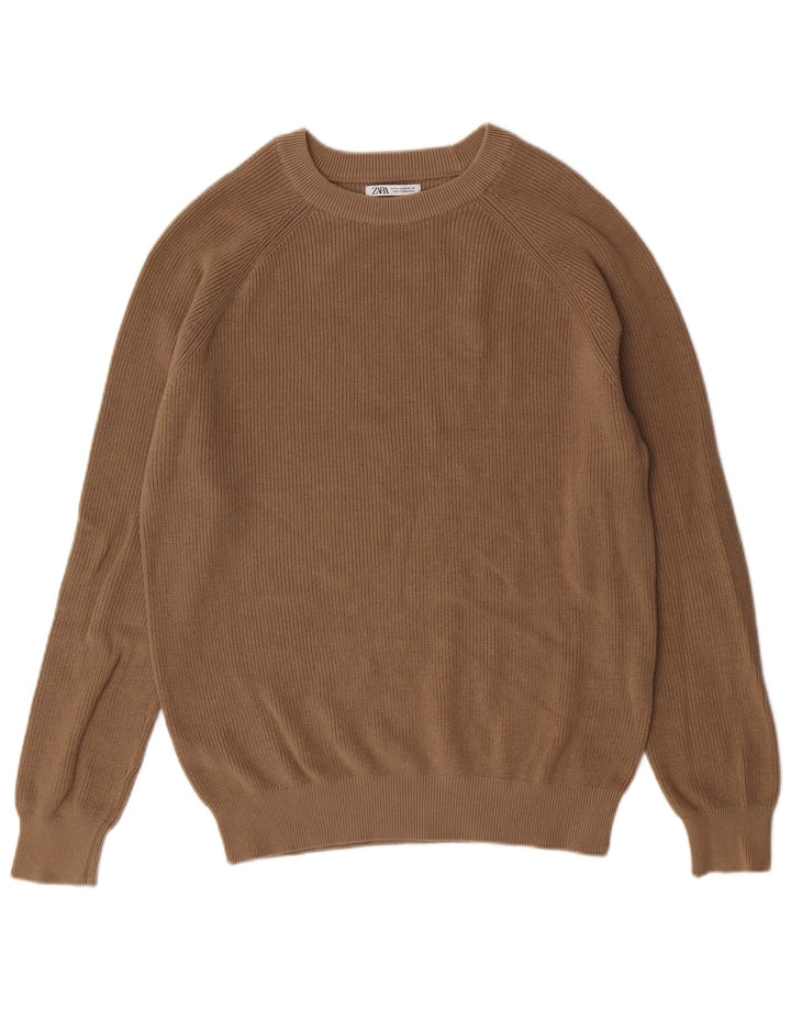 Maglione maglione girocollo da uomo Zara in cotone marrone medio