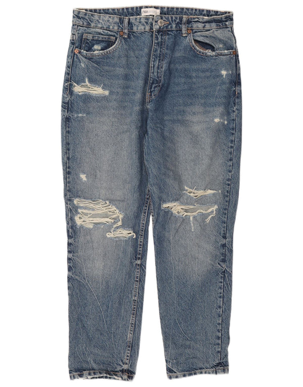 Jeans affusolati effetto consumato a vita alta da donna Zara EU 44 XL W34 L28 Blu