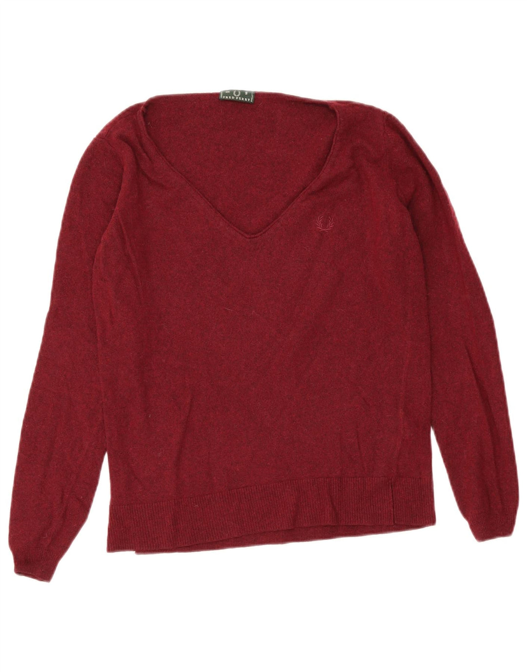 Maglione da donna con scollo a V Fred Perry UK 10 piccolo in lana bordeaux