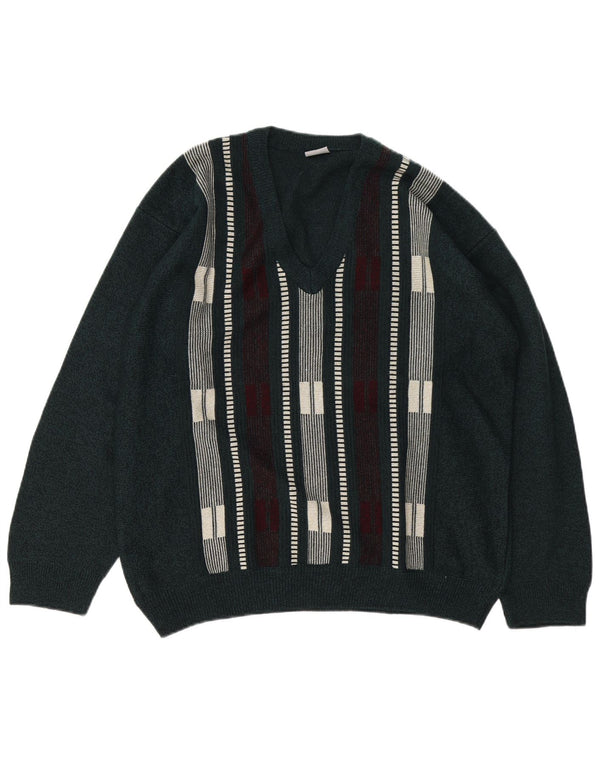 VINTAGE Maglione da uomo con scollo a V grande acrilico a strisce verdi