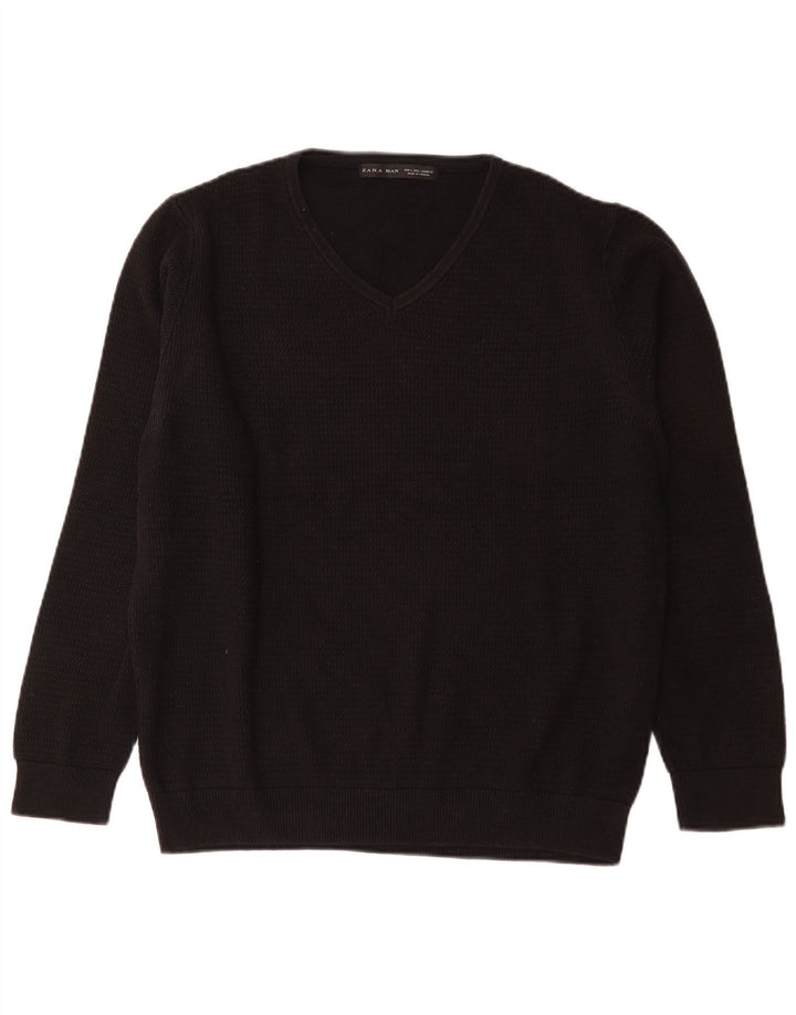 Maglione Zara da uomo con scollo a V grande in cotone nero