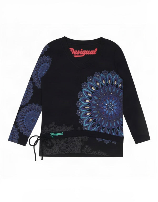 Desigual Donna Graphic Top Manica Lunga UK 18 XL Blu Navy Floreale Cotone