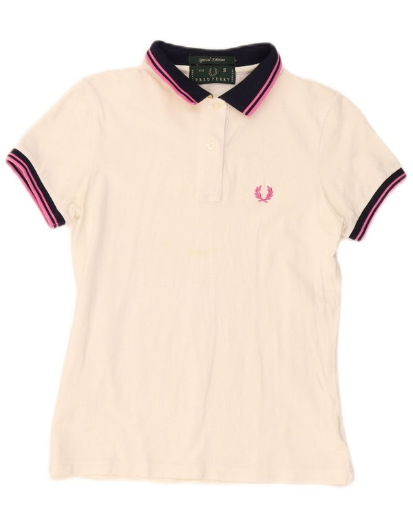 Polo da rugby da donna Fred Perry UK 10 piccola in cotone a righe bianche
