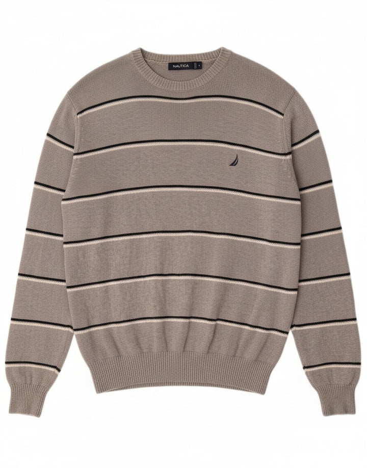 NAUTICA Mens Crew Neck Jumper Sweater Small Grey Striped Cotton
